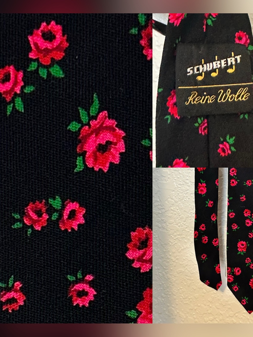 Schubert Genuine Wool Black Tie with Red Floral Print GUC Skinny